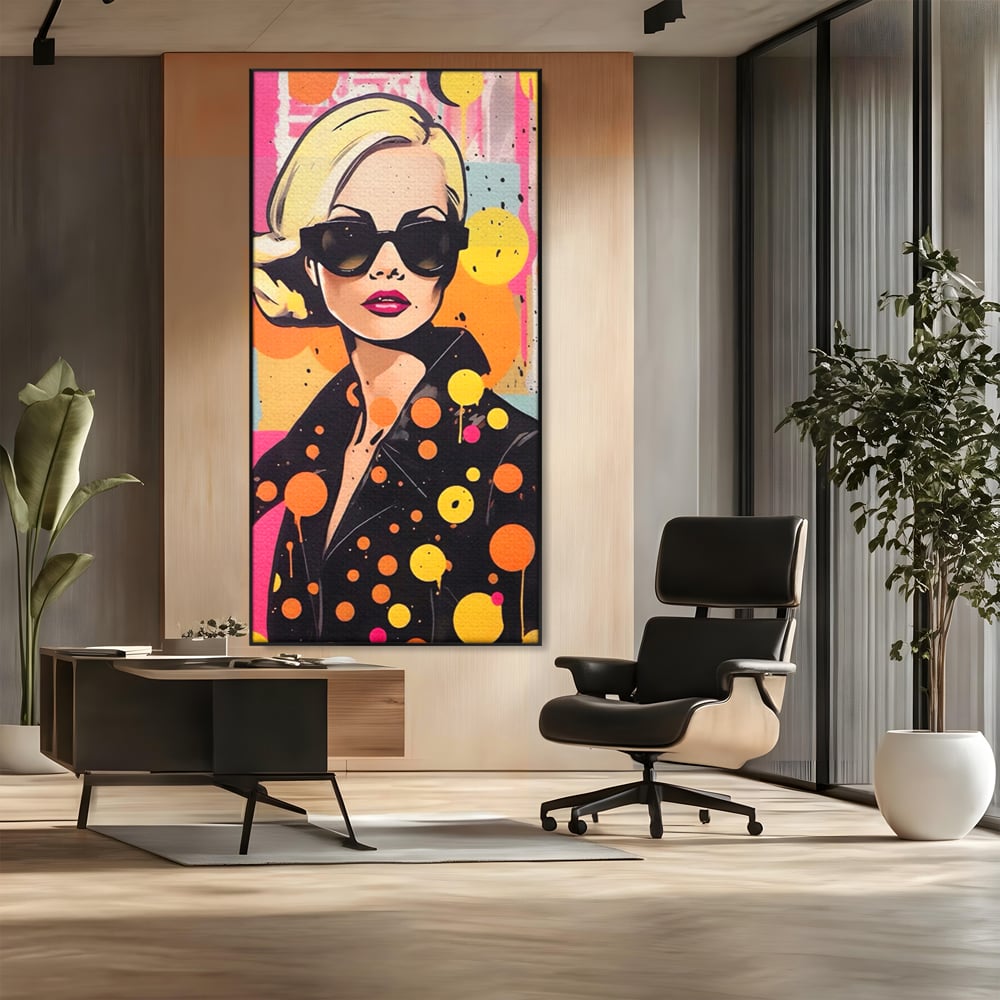 Tablou canvas cu tablou canvas portret femeie ochelari, in rama de aluminiu negru, pe perete intr-un birou
